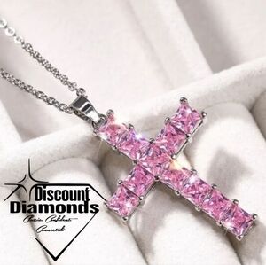 Pink Halo Diamond Cross Pendant Necklace 925 Sterling Silver